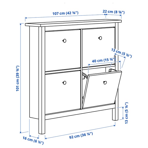 HEMNES shoe cabinet with 4 compartments, white, 107x22x101 cm