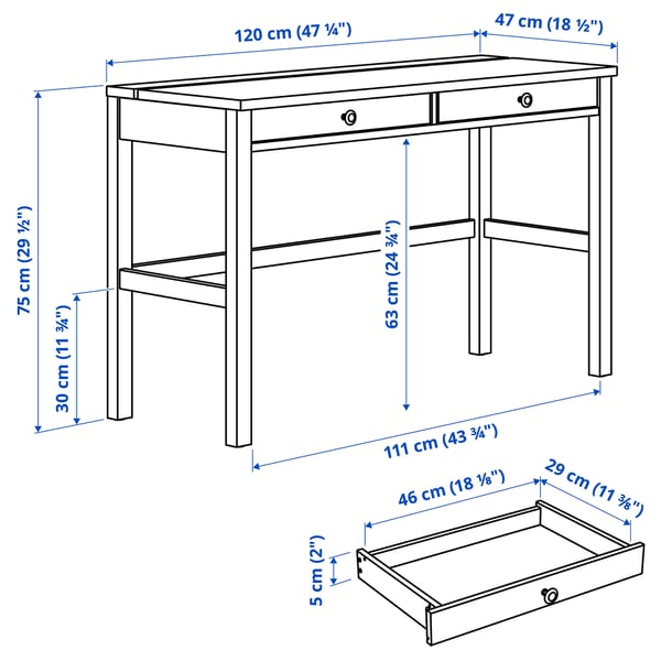 HEMNES desk with 2 drawers, white stain/light brown, 120x47 cm