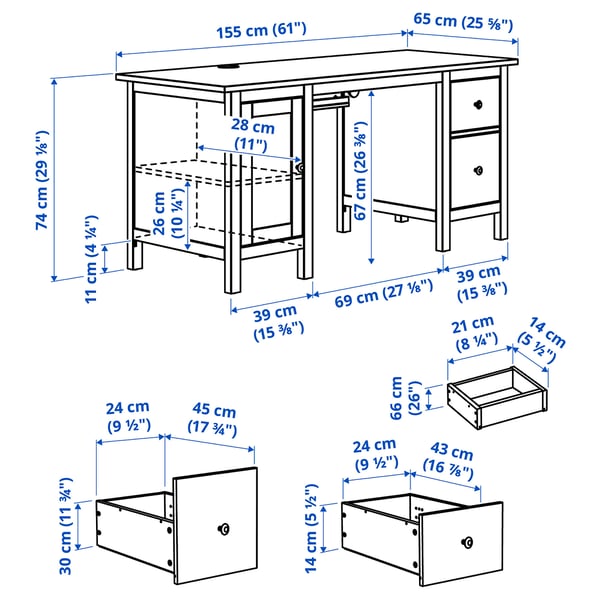 HEMNES - Desk, white stain/light brown, 155x65 cm