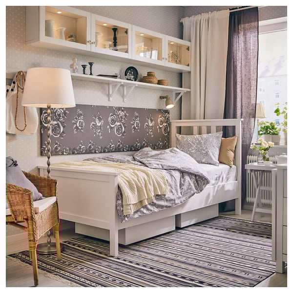 HEMNES - Bed frame with mattress, stained white/Åkrehamn semi-rigid, , 90x200 cm