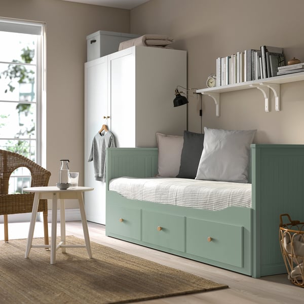 HEMNES day-bed frame with 3 drawers, grey-green, 80x200 cm