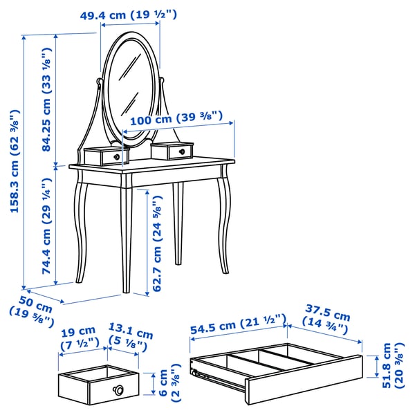 HEMNES dressing table with mirror, white, 100x50 cm