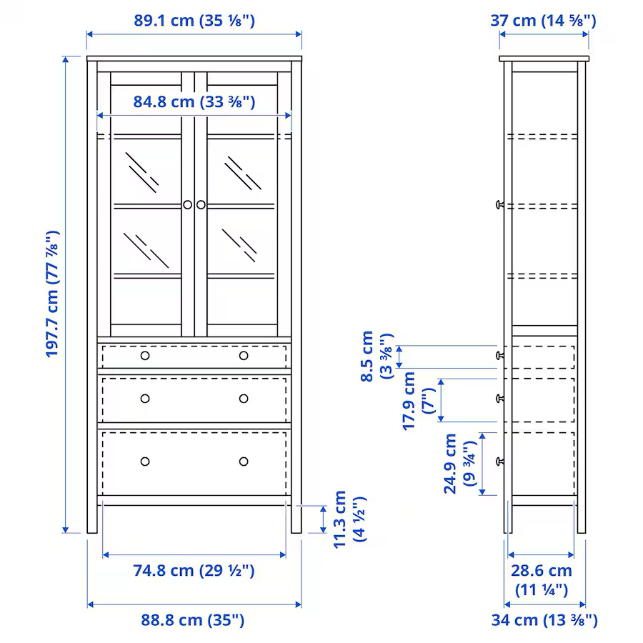 HEMNES glass-door cabinet with 3 drawers, grey-green/light brown stained, 90x197 cm