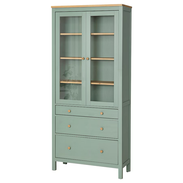 HEMNES - HEMNES Glass-door cabinet with 3 drawers, grey-green/light brown stained, 90x197 cm