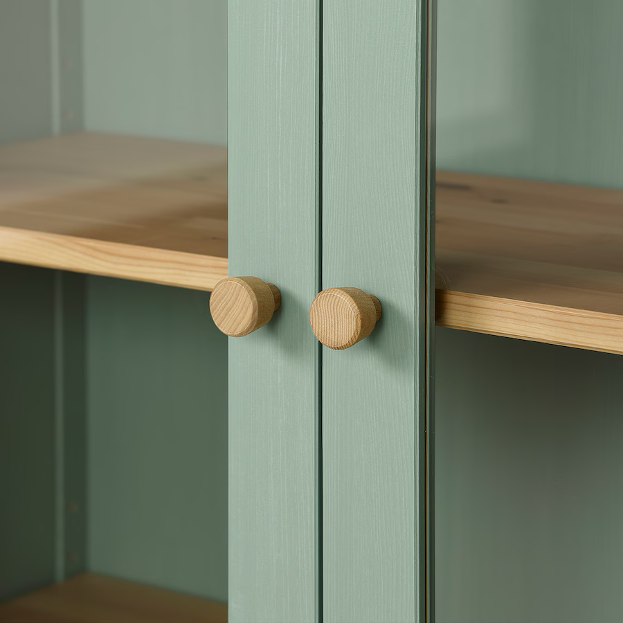 HEMNES glass-door cabinet with 3 drawers, grey-green/light brown stained, 90x197 cm