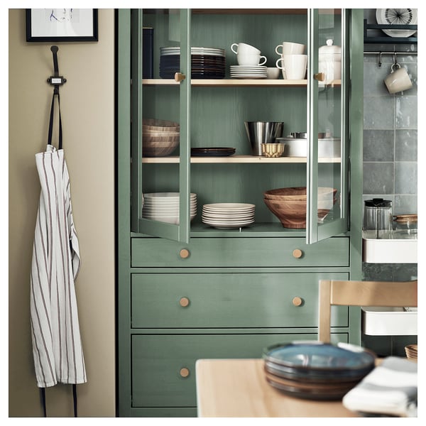 HEMNES glass-door cabinet with 3 drawers, grey-green/light brown stained, 90x197 cm