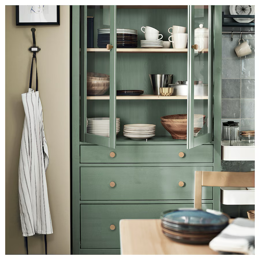 HEMNES glass-door cabinet with 3 drawers, grey-green/light brown stained, 90x197 cm