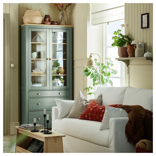 HEMNES glass-door cabinet with 3 drawers, grey-green/light brown stained, 90x197 cm