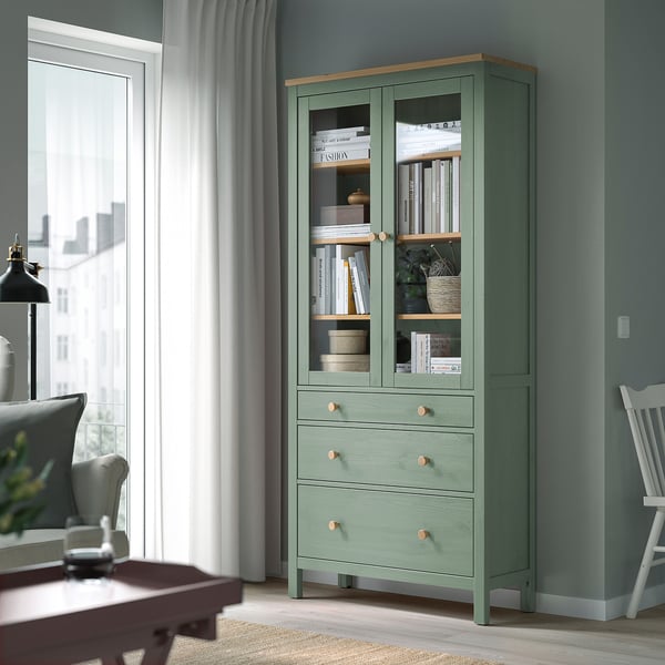 HEMNES glass-door cabinet with 3 drawers, grey-green/light brown stained, 90x197 cm