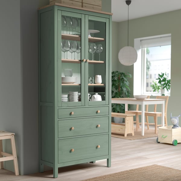 HEMNES glass-door cabinet with 3 drawers, grey-green/light brown stained, 90x197 cm