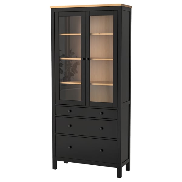 HEMNES glass-door cabinet with 3 drawers, black-brown/light brown, 90x197 cm