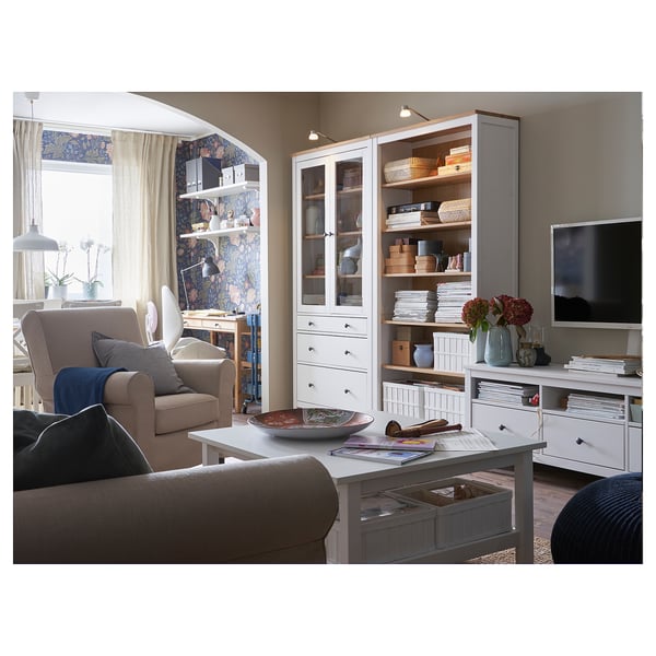 HEMNES glass-door cabinet with 3 drawers, white stain/light brown, 90x197 cm