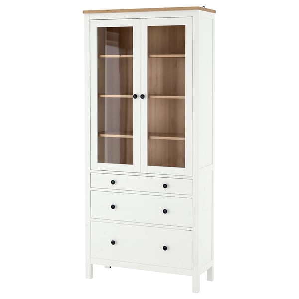 HEMNES glass-door cabinet with 3 drawers, white stain/light brown, 90x197 cm