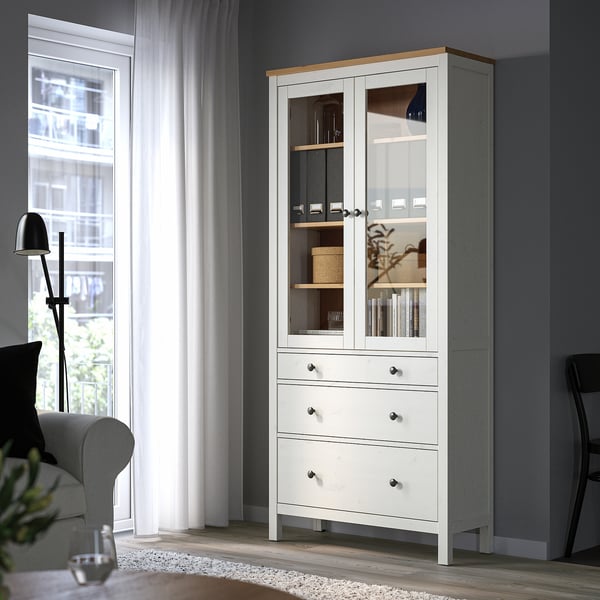 HEMNES glass-door cabinet with 3 drawers, white stain/light brown, 90x197 cm