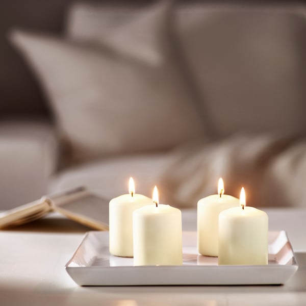 HEMSJÖ unscented block candle, natural, 8 cm 15 hr, 4 pack