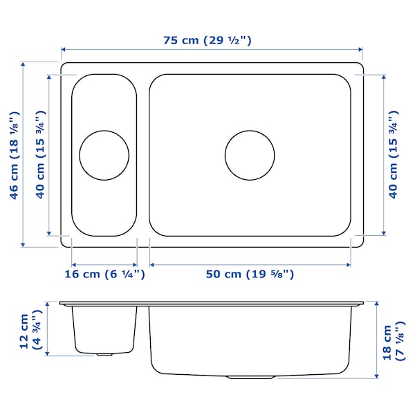 HILLESJÖN - Built-in 1 1/2 bowl sink, stainless steel, 75x46 cm