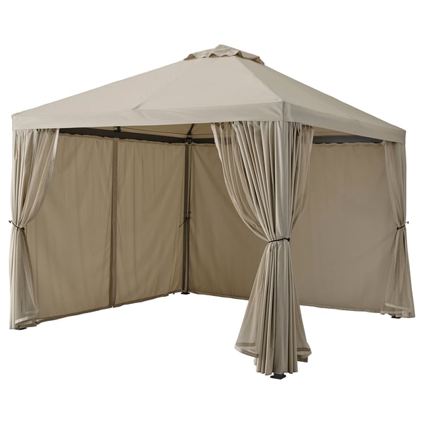 HIMMELSÖ gazebo with curtains and net, dark grey/grey-beige