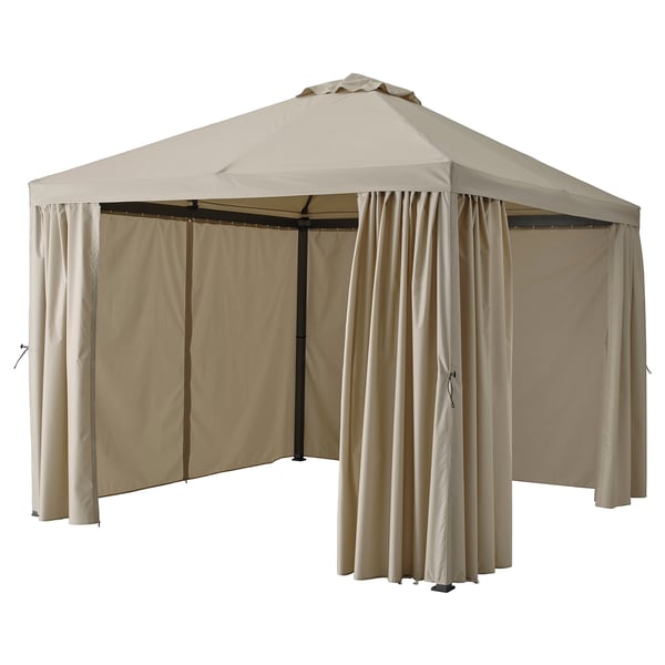 HIMMELSÖ gazebo with curtains, dark grey/grey-beige