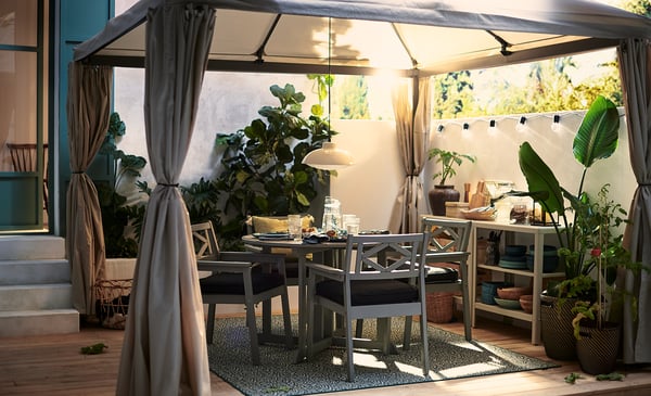 HIMMELSÖ gazebo with curtains, dark grey/grey-beige