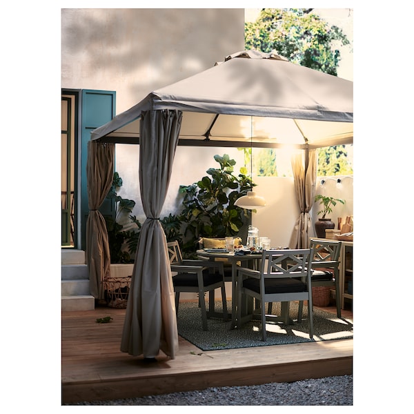 HIMMELSÖ - Gazebo with curtains, dark grey/grey-beige