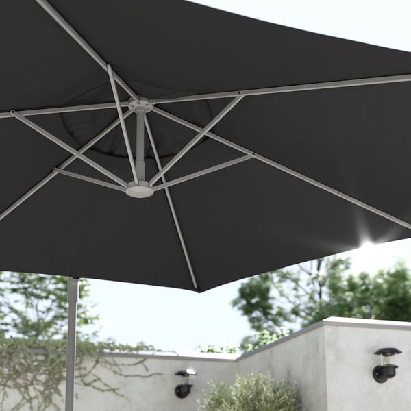 HISSÖ / IGGÖN parasol, hanging with base, anthracite/dark grey, 300 cm