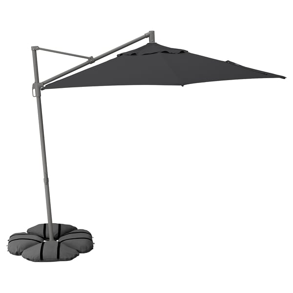 HISSÖ / IGGÖN parasol, hanging with base, anthracite/dark grey, 300 cm