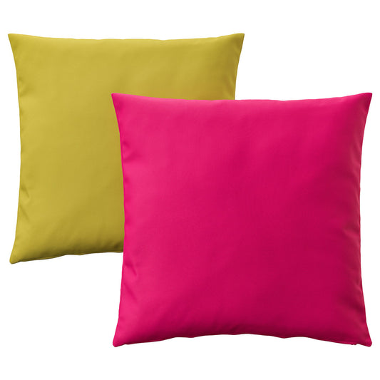 HJÄRTERÖ cushion, set of 2, yellow-green bright pink/out/indoor, 50x50 cm