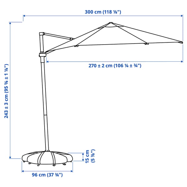 HÖGÖN / IGGÖN parasol, hanging with base, grey/dark grey, 270 cm