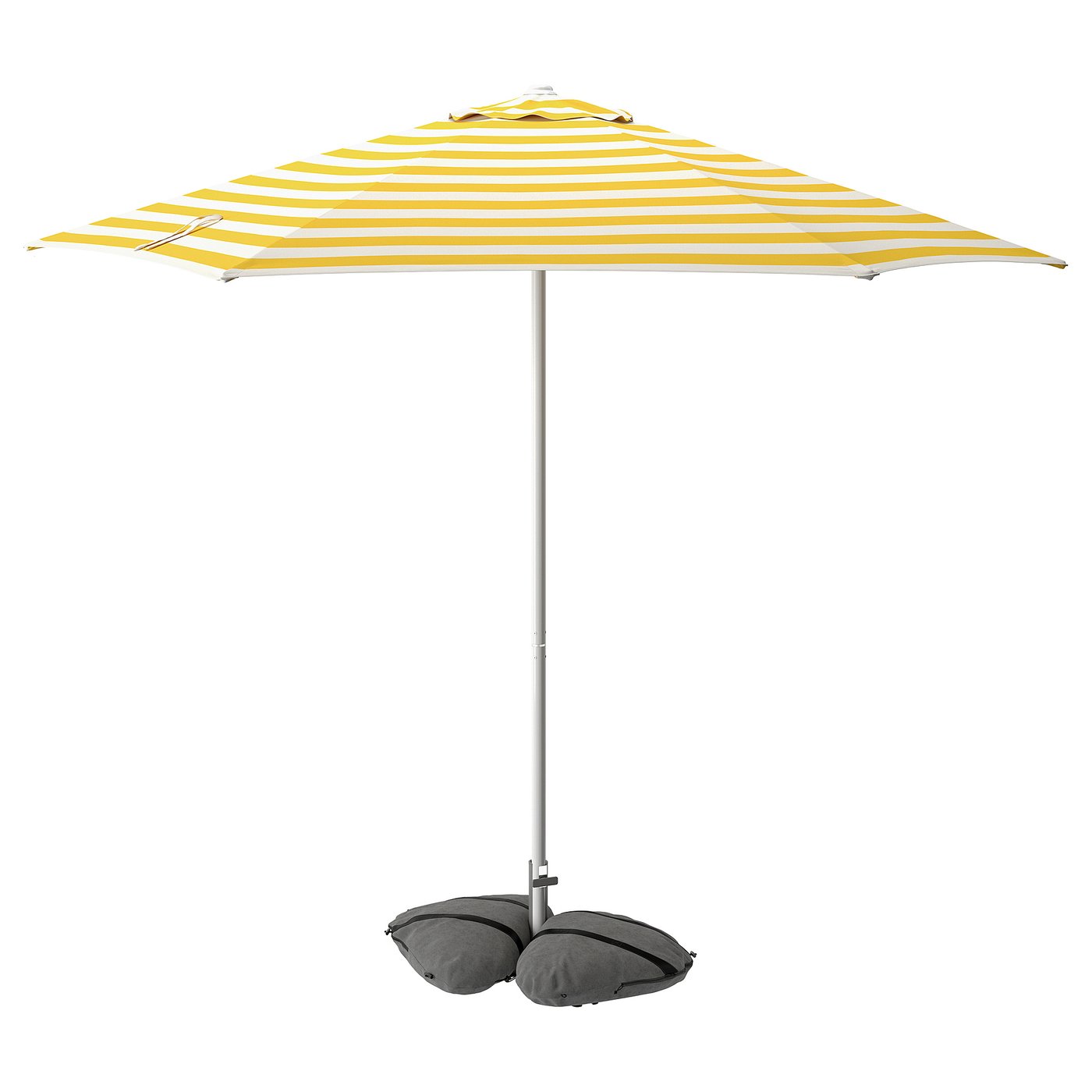 HÖGÖN / IGGÖN parasol with base, off-white bright yellow/striped dark grey, 38 mm