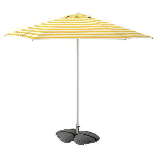 HÖGÖN / IGGÖN parasol with base, off-white bright yellow/striped dark grey, 38 mm
