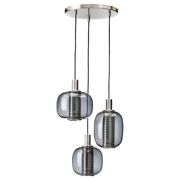 HÖGVIND - HÖGVIND Pendant lamp with 3 lamps, nickel-plated/grey glass, 41 cm