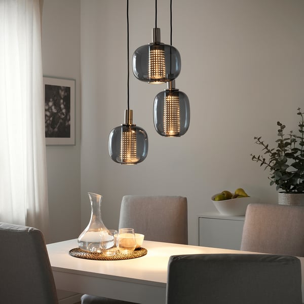 HÖGVIND - HÖGVIND Pendant lamp with 3 lamps, nickel-plated/grey glass, 41 cm
