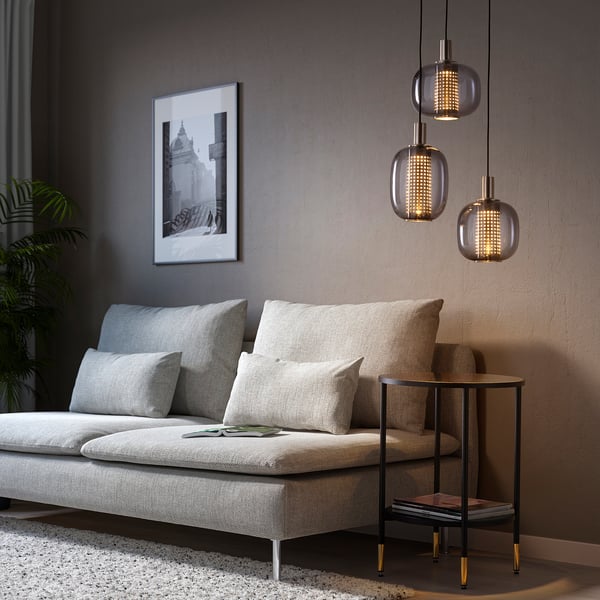 HÖGVIND - HÖGVIND Pendant lamp with 3 lamps, nickel-plated/grey glass, 41 cm