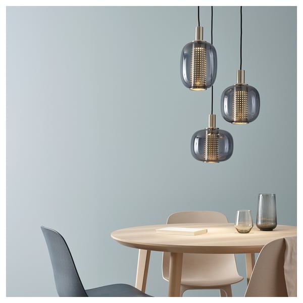 HÖGVIND - HÖGVIND Pendant lamp with 3 lamps, nickel-plated/grey glass, 41 cm