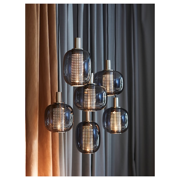 HÖGVIND - Pendant lamp with 3 lamps, nickel-plated/grey glass, 41 cm