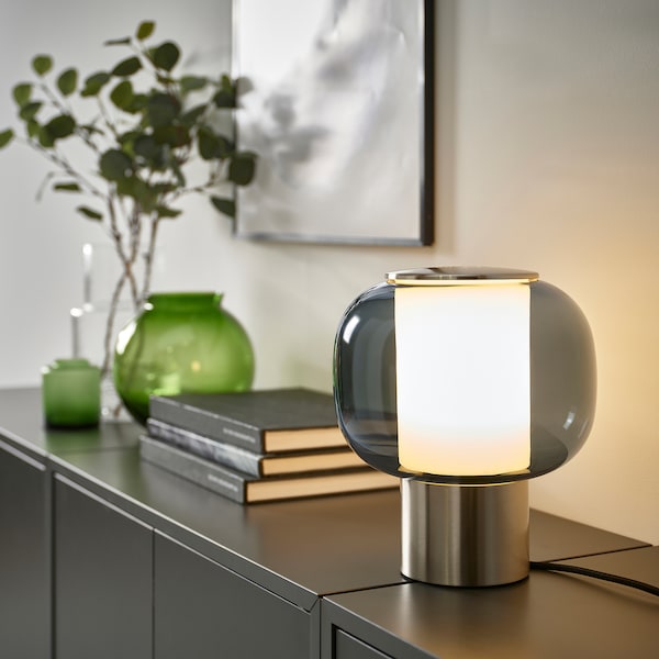 HÖGVIND - Table lamp, nickel-plated/glass gray