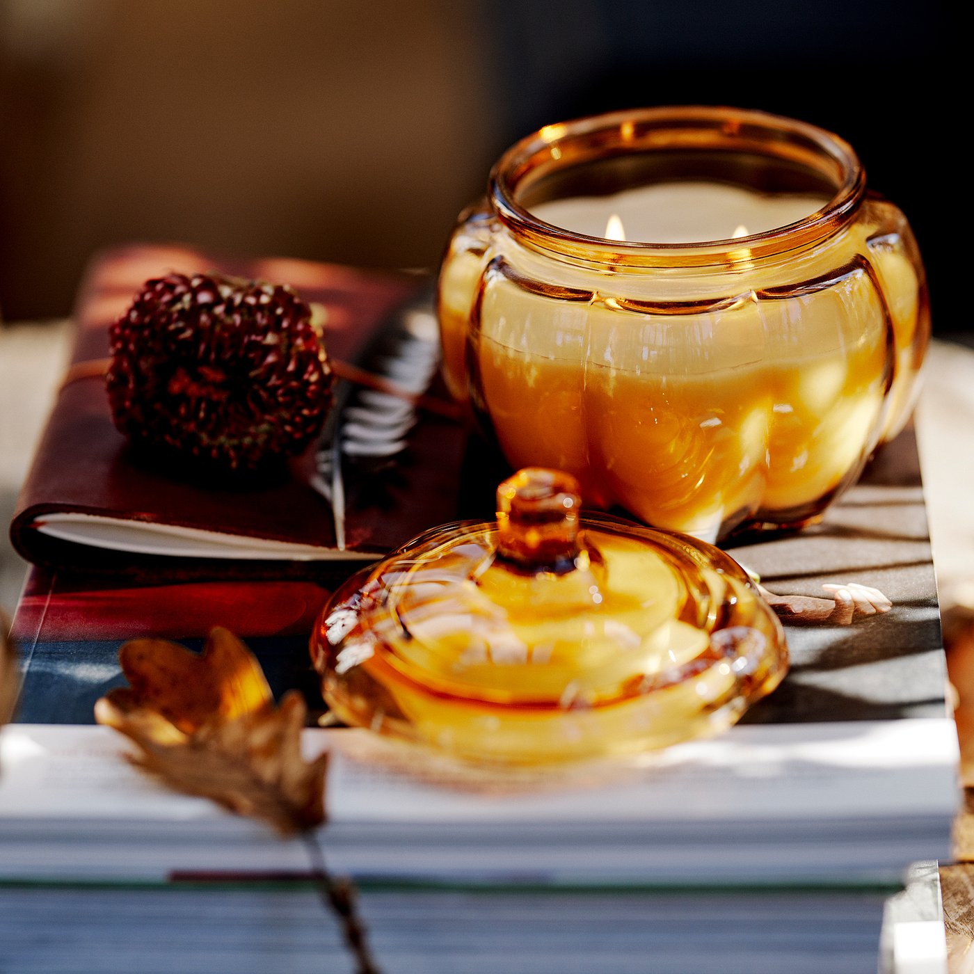 HÖSTAGILLE scented candle in glass, 2 wicks, Spiced pumpkin/brown, 40 hr
