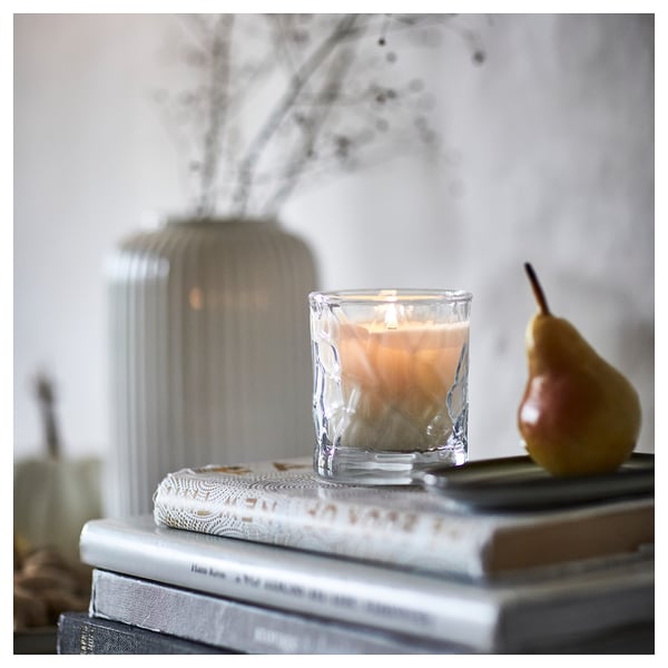 HÖSTAGILLE scented candle in glass, Pear clear glass, 35 h