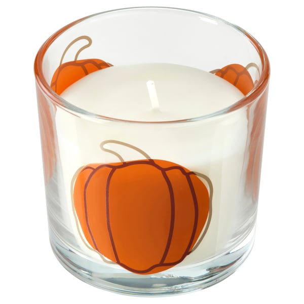 HÖSTAGILLE scented glass candle, Spiced pumpkin clear/orange glass, 20 h - IKEA United Kingdom