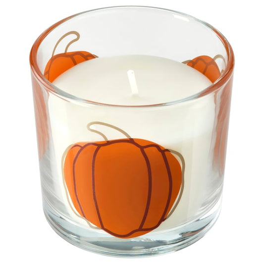 HÖSTAGILLE scented glass candle, Spiced pumpkin clear/orange glass, 20 h - IKEA United Kingdom