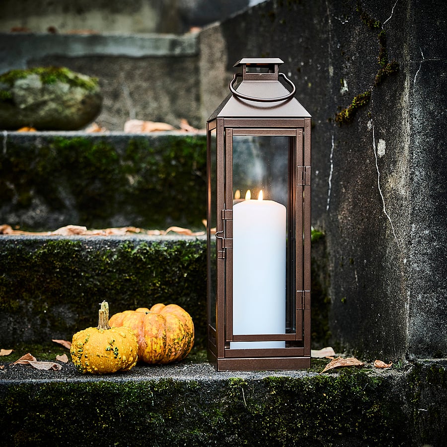 HÖSTAGILLE lantern for pillar candle, in/out, copper-colour, 43 cm