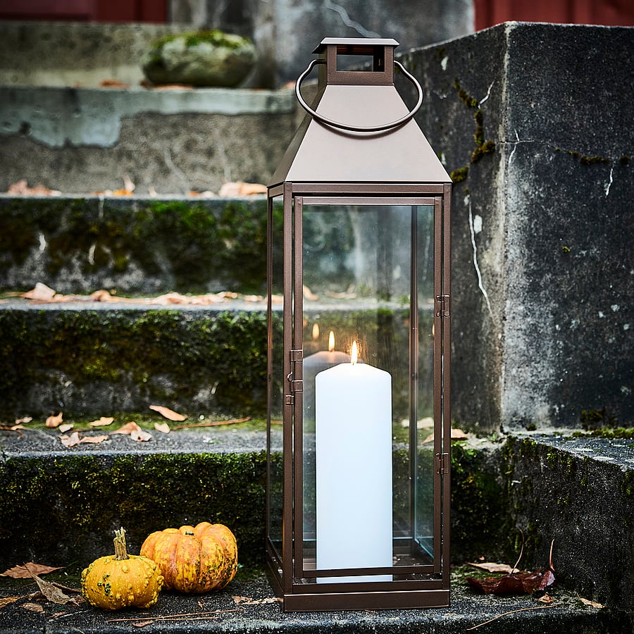 HÖSTAGILLE lantern for pillar candle, in/out, copper-colour, 58 cm