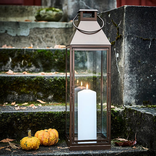 HÖSTAGILLE lantern for pillar candle, in/out, copper-colour, 58 cm