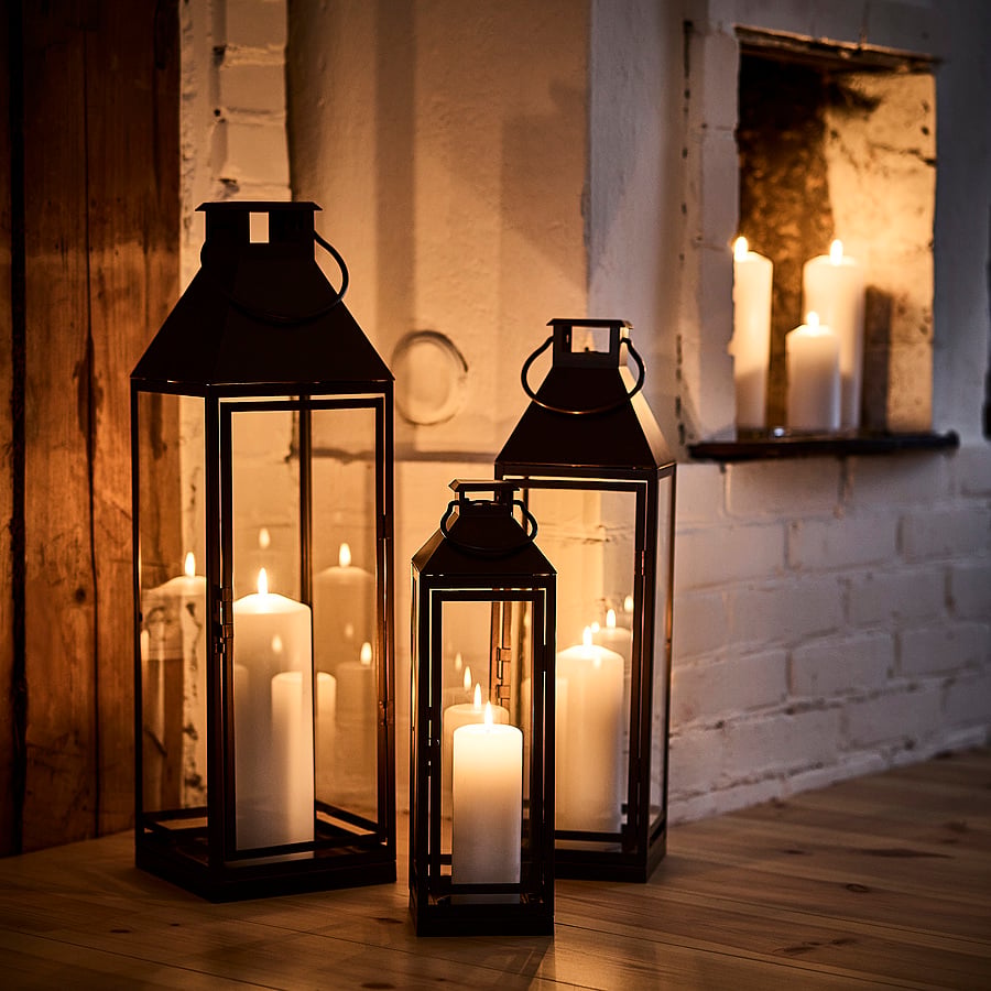 HÖSTAGILLE lantern for pillar candle, in/out, copper-colour, 58 cm