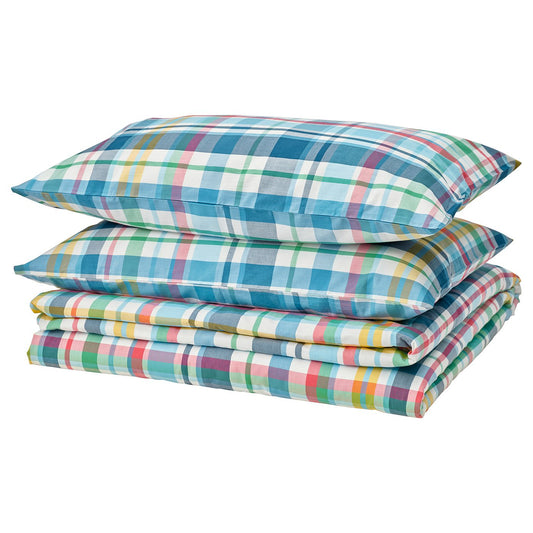 HÖSTGENTIANA duvet cover and 2 pillowcases, multicolour/check, 220x240 cm