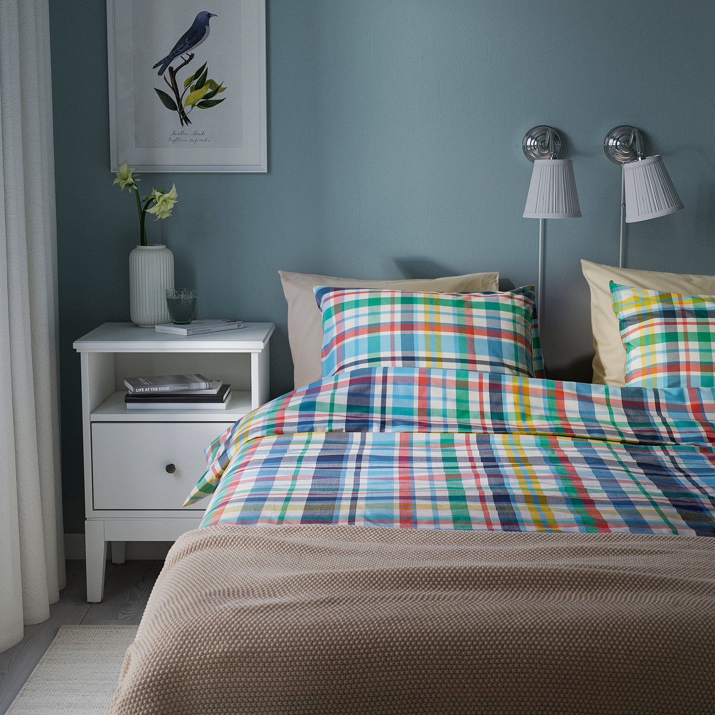 HÖSTGENTIANA duvet cover and 2 pillowcases, multicolour/check, 240x220/50x80 cm