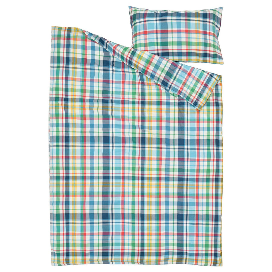 HÖSTGENTIANA duvet cover and pillowcase, multicolour/check, 150x200/50x80 cm