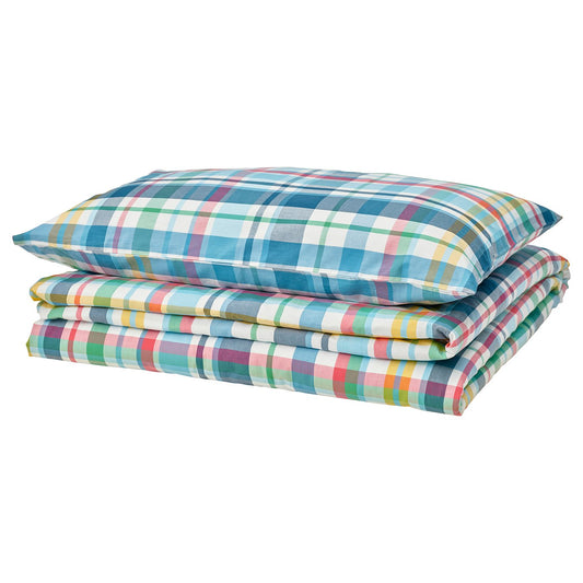 HÖSTGENTIANA duvet cover and pillowcase, multicolour/check, 200x150 cm