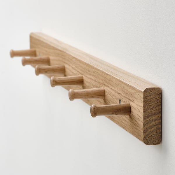 HÖVOLM rack with 6 knobs, oak, 57x5x5 cm