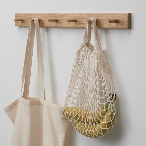 HÖVOLM rack with 6 knobs, oak, 57x5x5 cm
